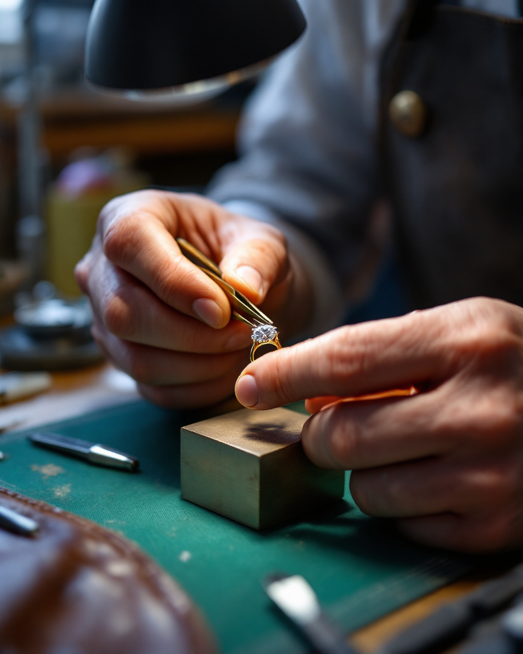 A jeweller's hands examining a diamond ring under a loupe at the bench
